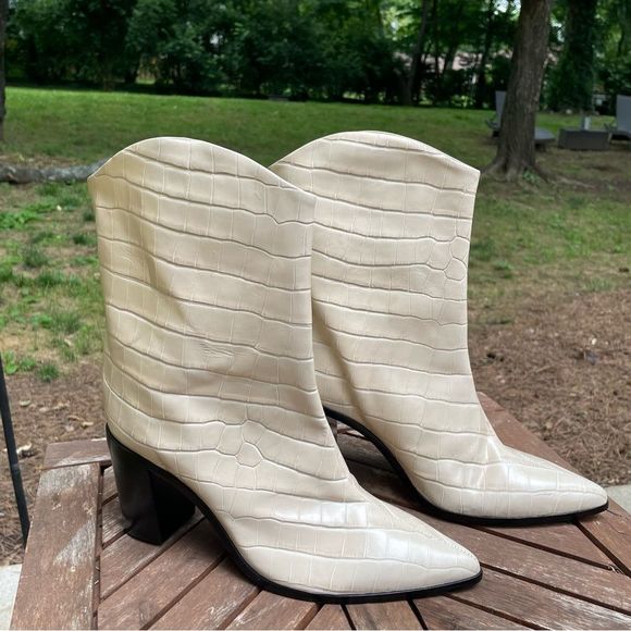 SCHUTZ Egg Shell Croc Embossed Black Block Heeled Short Boots - Picture 2 of 11